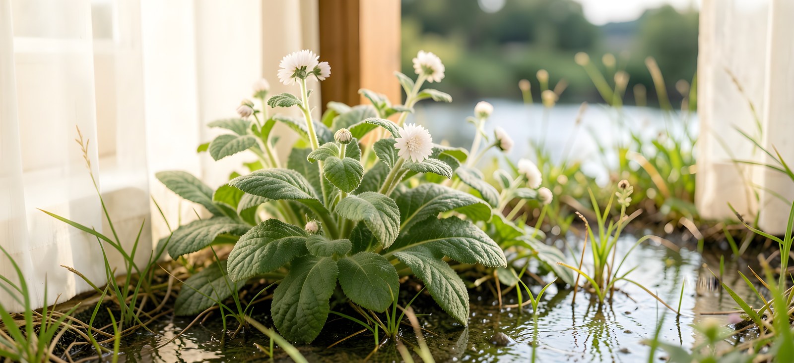 La guimauve officinale, avec ses feuilles et fleurs, pousse dans une prairie humide — au bord d'une rivière