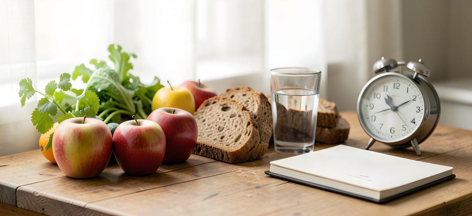 Gemüse, Äpfel, Vollkornbrot, ein Glas Wasser, Notizbuch und Uhr auf einem Holztisch am Fenster