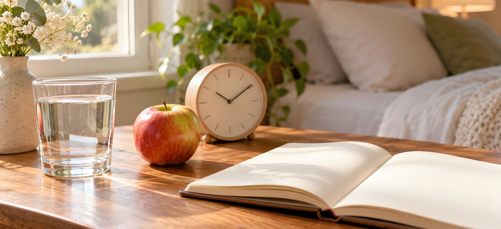 Un verre d’eau, une pomme, un carnet ouvert, une horloge de table et une douce lumière entrant par la fenêtre d’une chambre