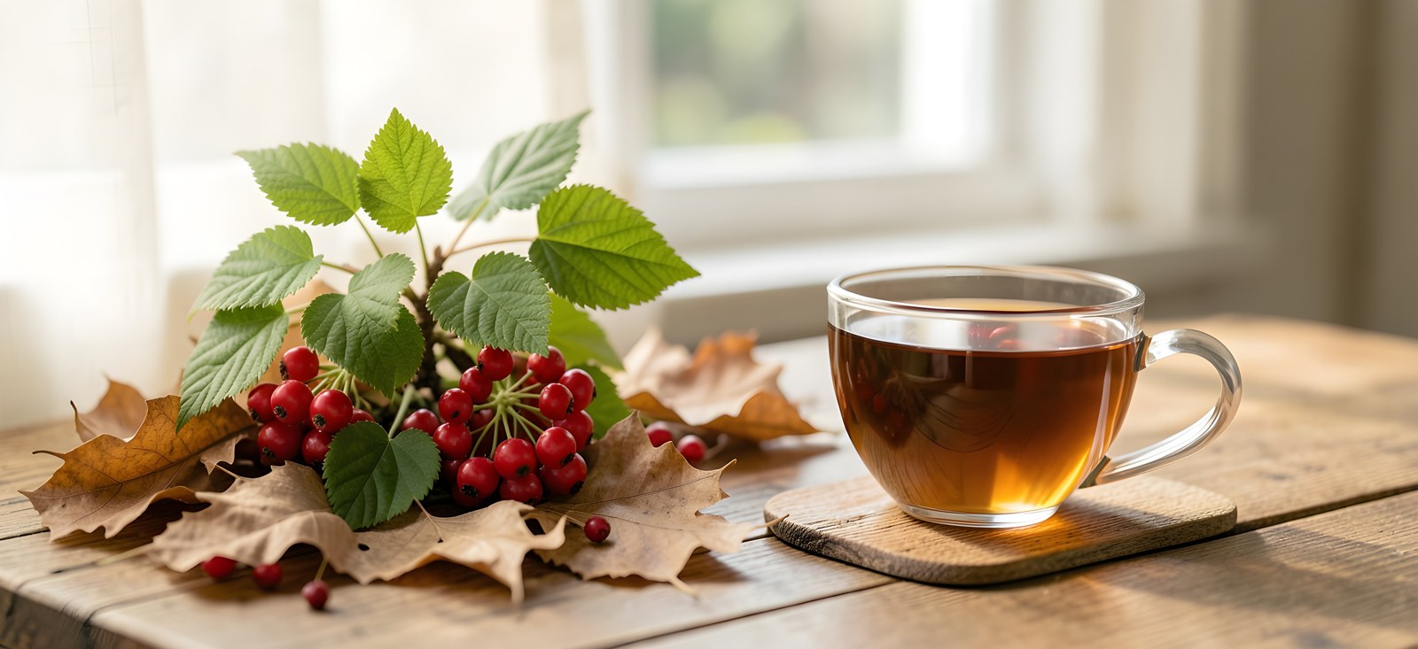 Airelle rouge dans une forêt de conifères près de feuilles sèches et d’une tasse d’infusion sur une table en bois