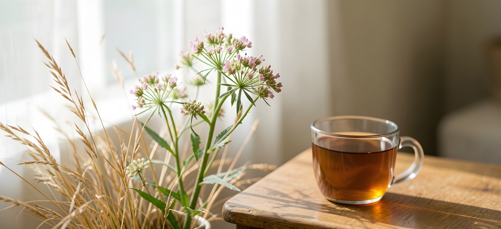Flowering Bidens tripartita in nature next to dried herb and a cup of infusion on the table