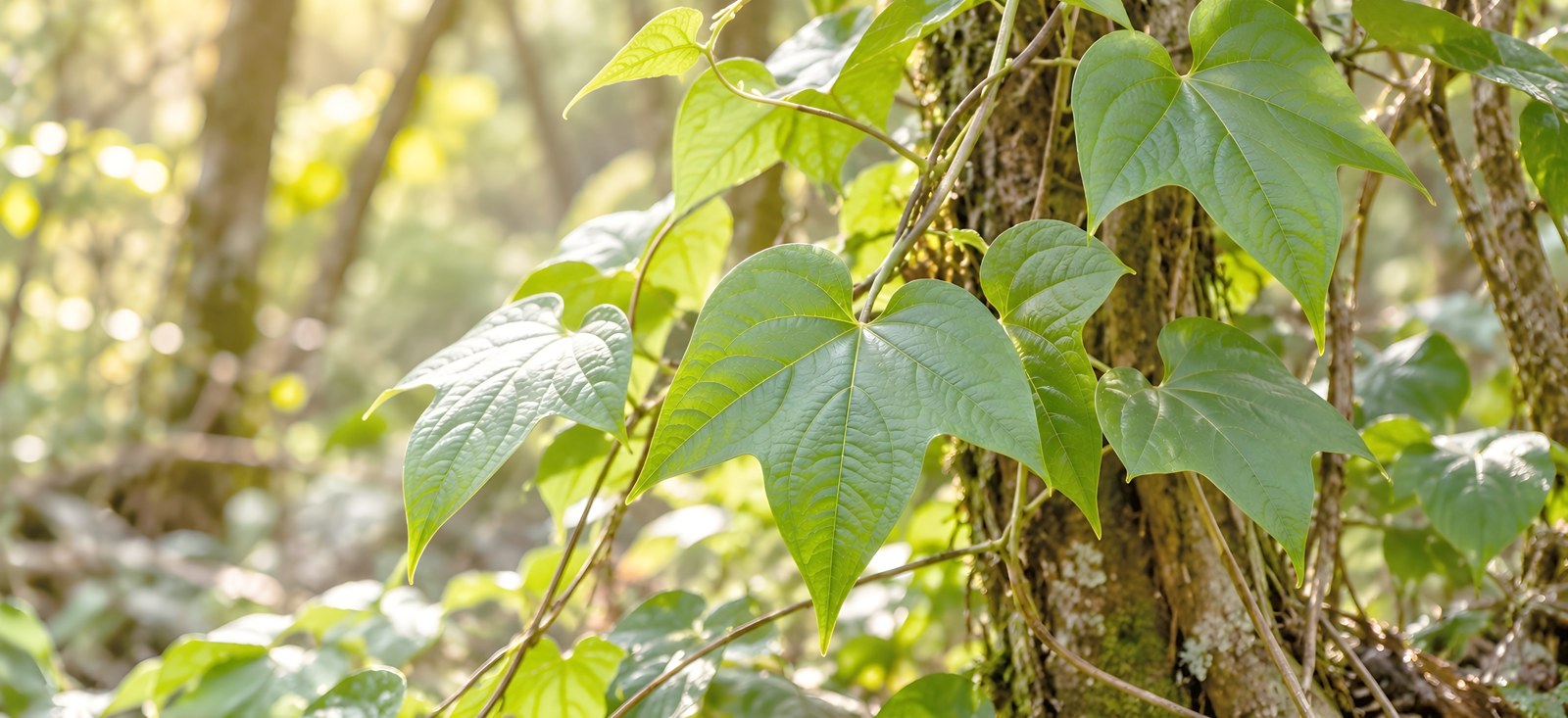 Japanese yam with broad, heart-shaped, lobed leaves and climbing stems among forest vegetation
