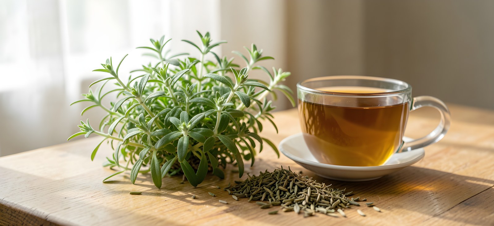 Flowering oregano in nature and dried herb next to a cup of infusion on a table