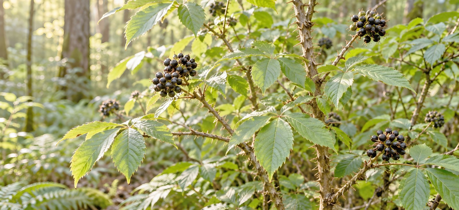 Strauch der Taigawurzel in seiner natürlichen Waldumgebung mit dornigen Zweigen und charakteristischen Blättern im grünen Umfeld