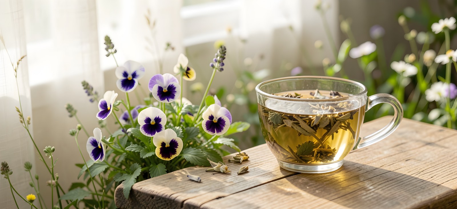 Three-colored violet in a meadow and a cup of infusion made from dried herb on a wooden table