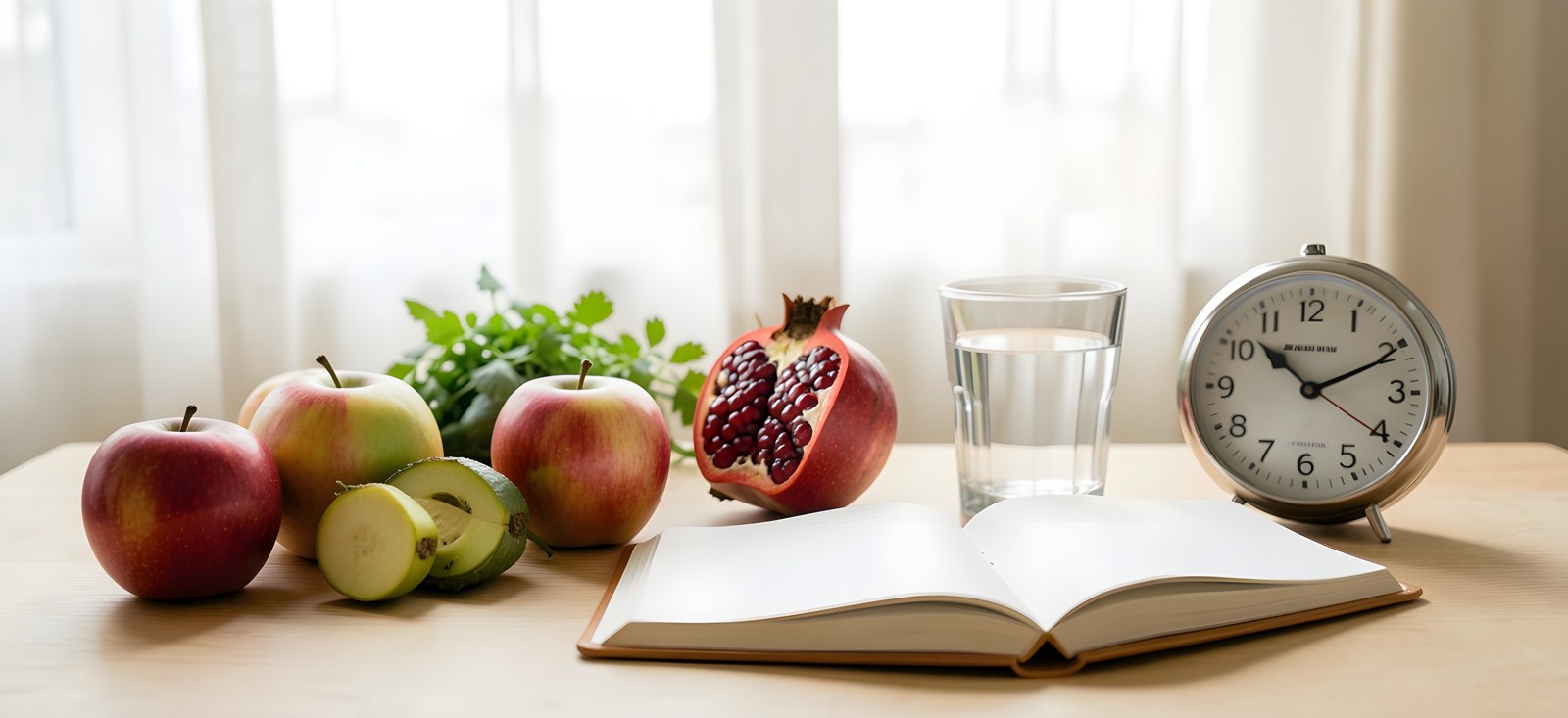 Légumes, pommes, grenade, verre d’eau, carnet ouvert et horloge sur une table claire près d’une fenêtre