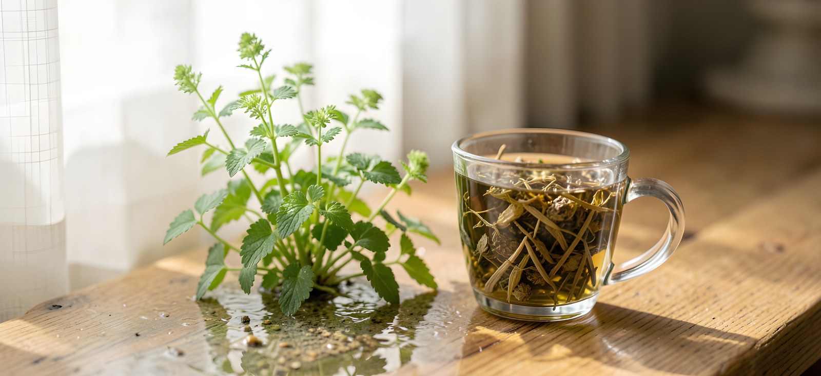 Renouée poivre-d’eau au bord humide et tasse d’infusion d’herbe sèche