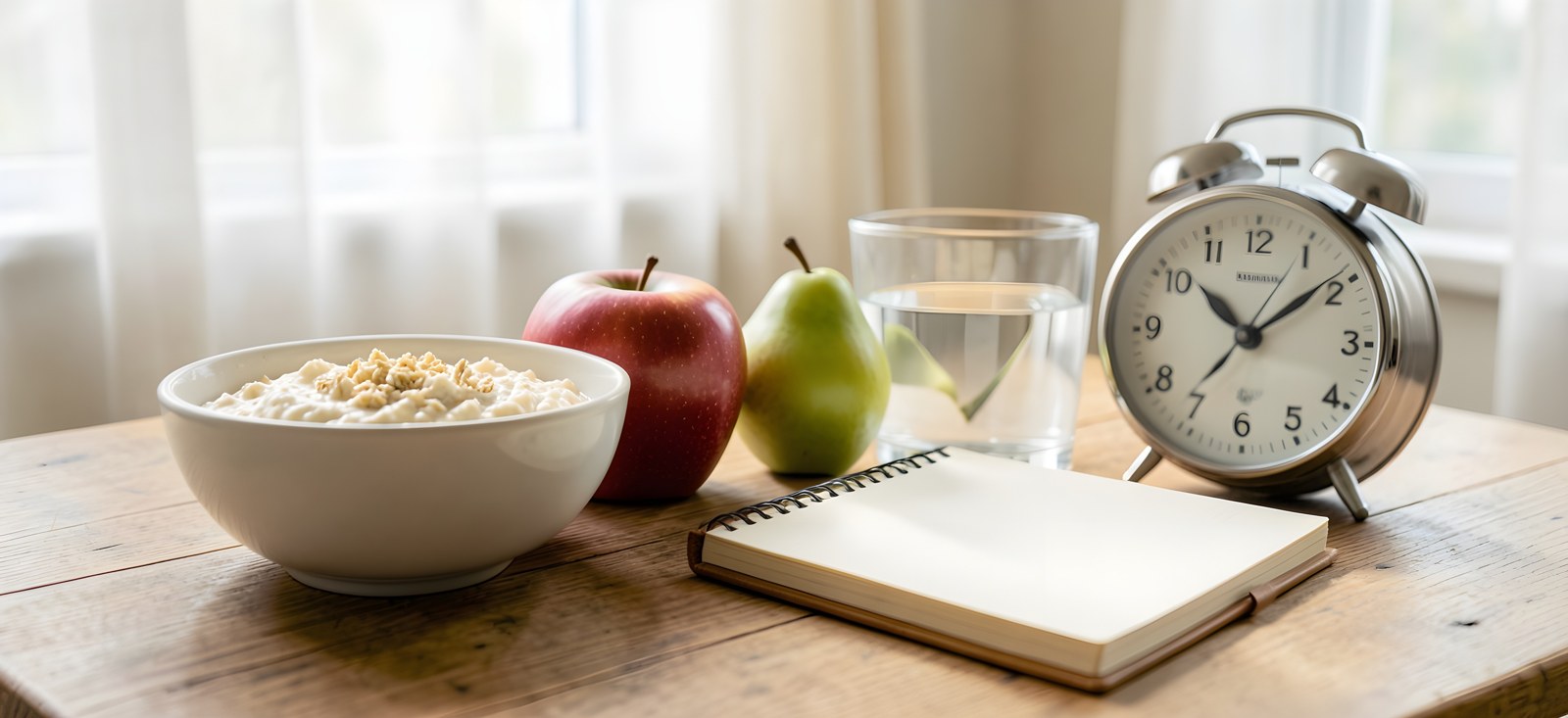 Haferbrei, Äpfel, Birnen, ein Glas Wasser, Notizbuch und Uhr auf einem Holztisch am Fenster