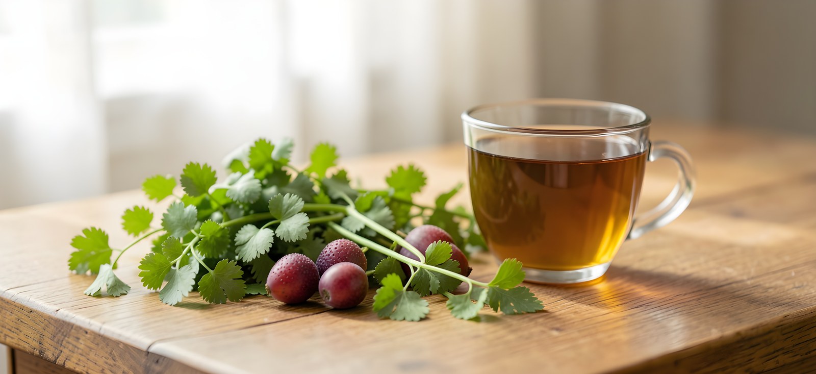 Mature coriander fruits and fresh cilantro leaves on a wooden table beside a cup of herbal infusion