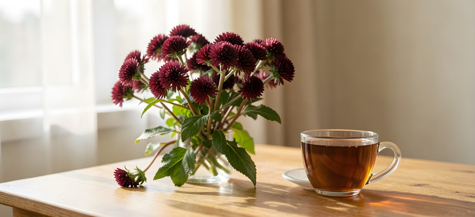 La sanguisorbe officinale dans la nature avec des inflorescences rouge foncé et une tasse d'infusion sur une table