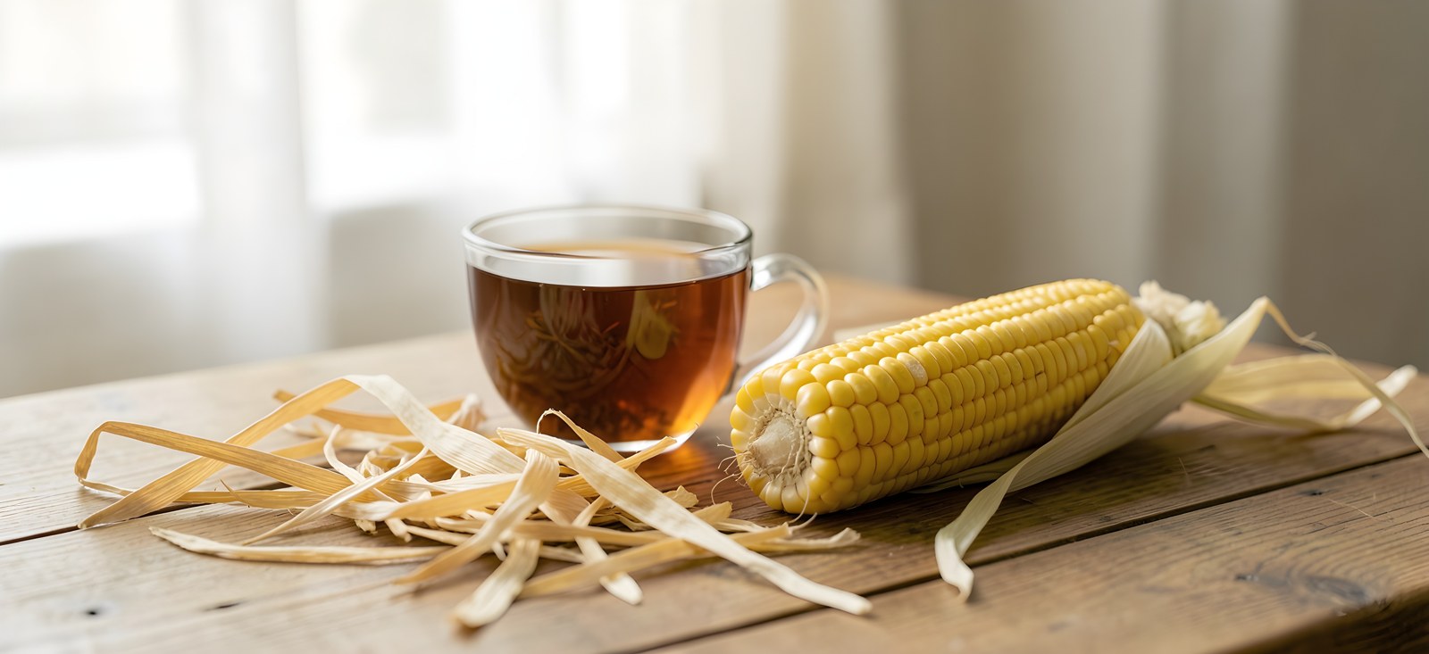 Getrocknete goldgelbe Maisgriffel liegen verstreut auf einem Holztisch neben einer Tasse Kräuteraufguss und einem reifen Maiskolben