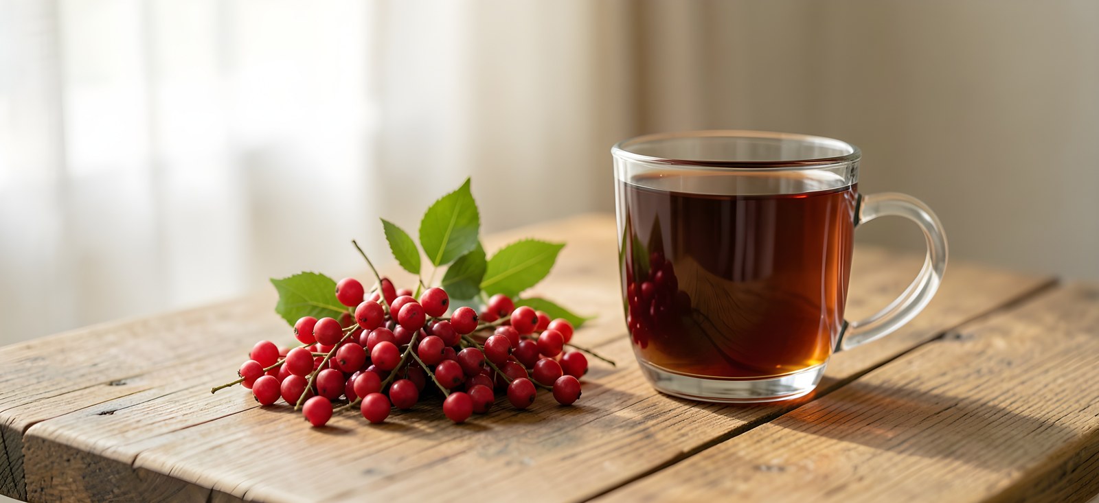Kletterndes Zitronengras mit roten Beeren und eine Tasse Aufguss auf einem Holztisch