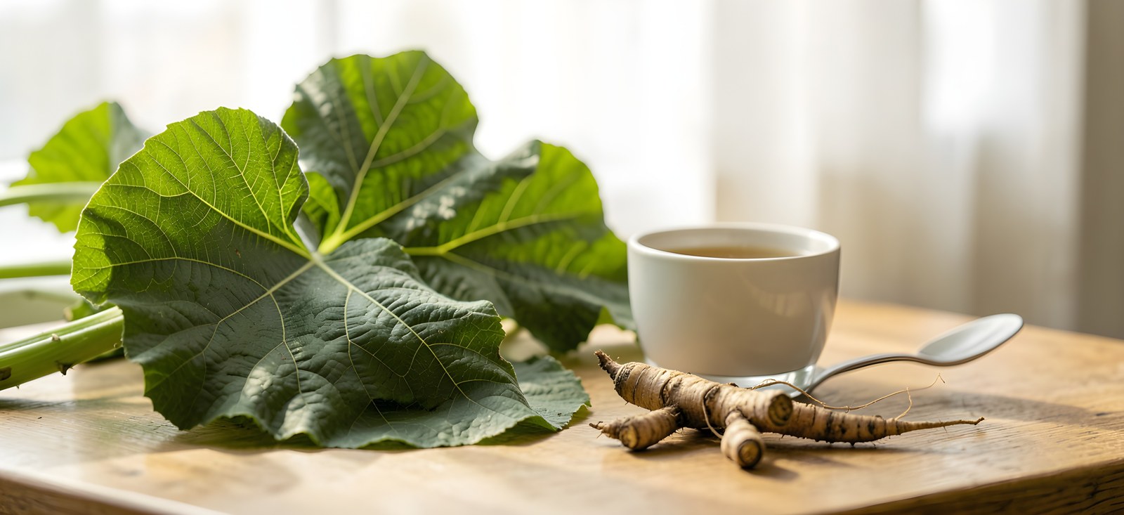 Large burdock leaves in nature and dried root pieces beside a cup of infusion on a table