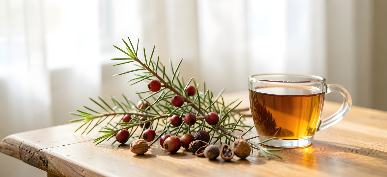 Branche de genévrier avec des baies mûres et des fruits secs à côté d'une tasse d'infusion sur une table