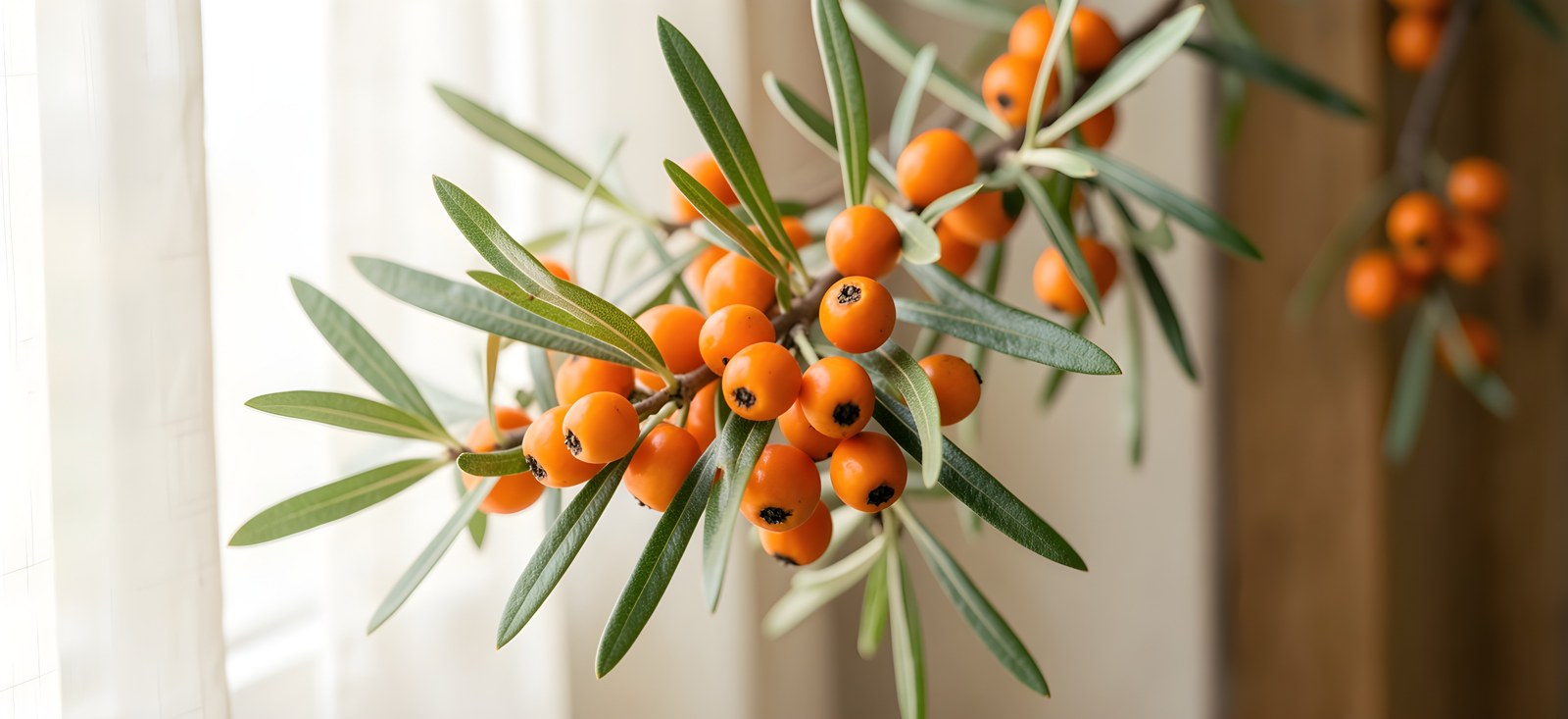 Sanddornzweige mit leuchtend orangefarbenen Früchten zwischen schmalen silbrig-grünen Blättern