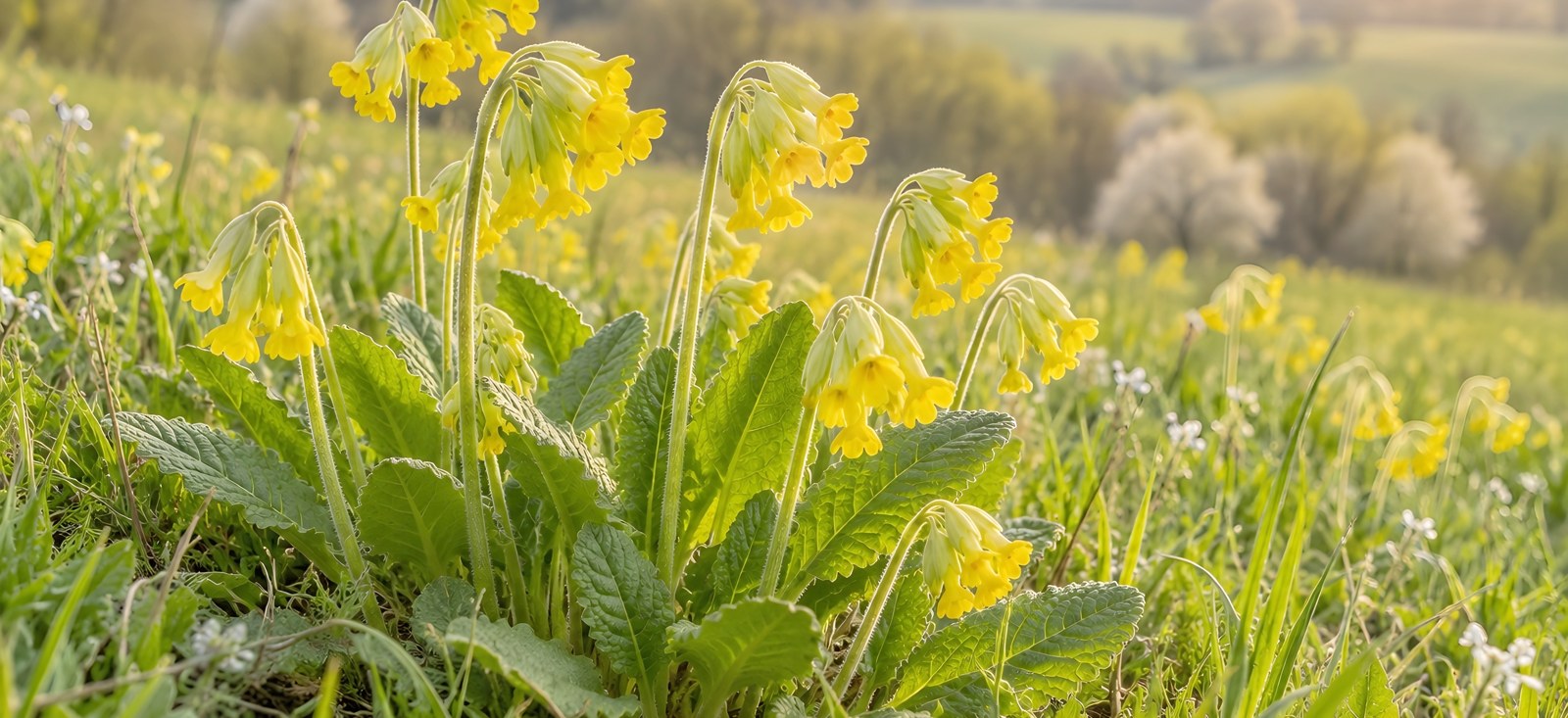 Primevère aux fleurs dorées poussant dans une prairie printanière parmi les herbes vertes