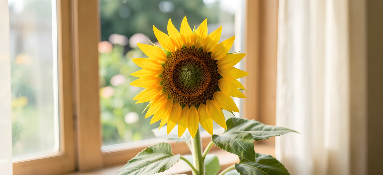 Blühende Sonnenblume mit großem goldgelbem Blütenkorb und grünen Blättern vor einem sommerlichen Garten