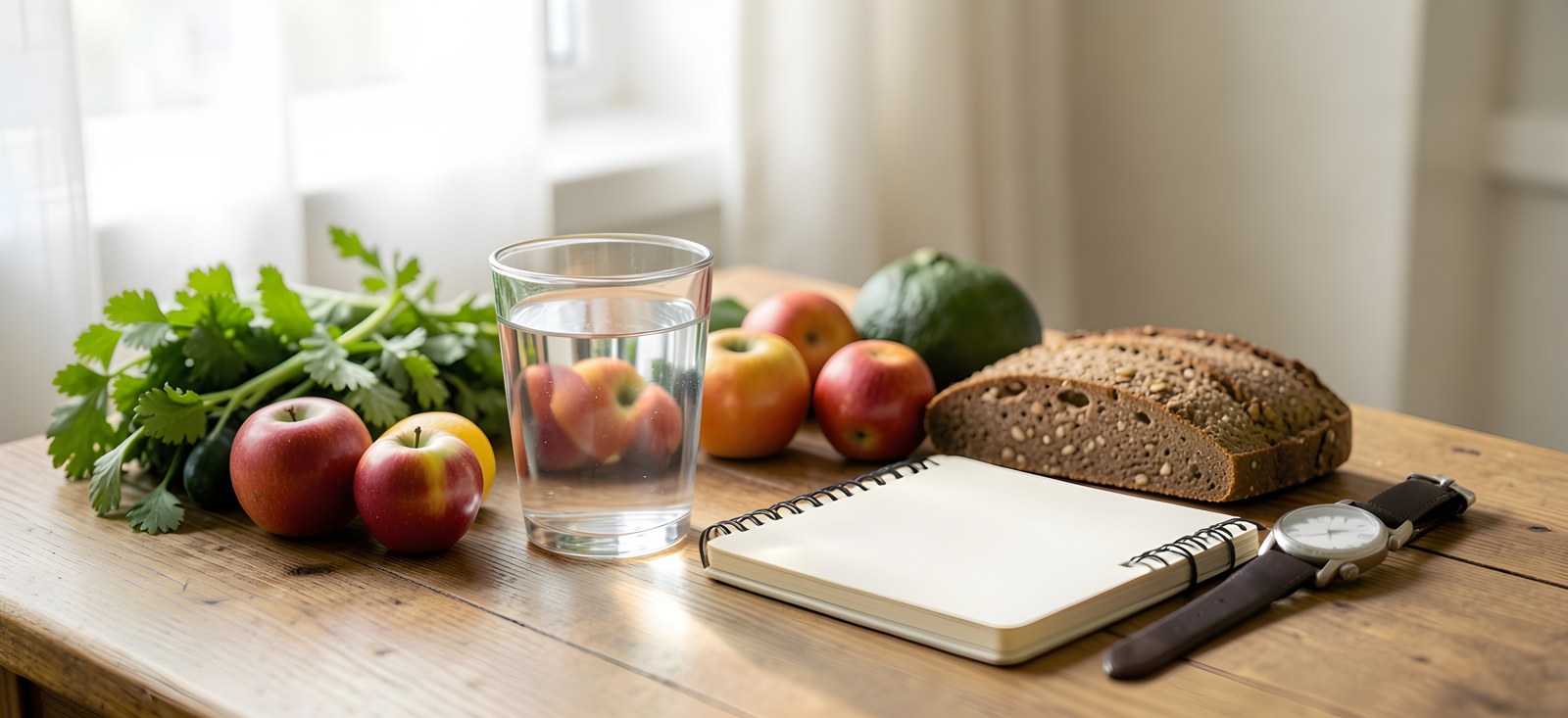 Ein Glas Wasser, frisches Gemüse, Obst, Vollkornbrot, ein Notizbuch und eine Uhr auf einem Holztisch am Fenster