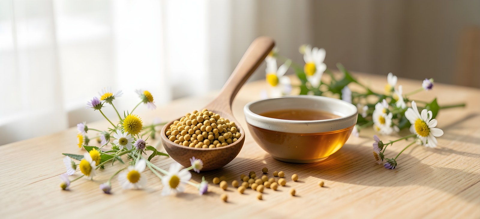 Goldene Körner von Bienenpollen in einem Holzlöffel neben Honig und Blumen auf einem Tisch