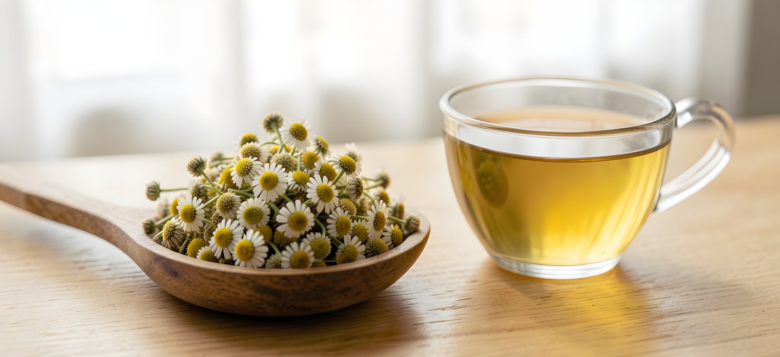 Dried German chamomile flowers in a wooden spoon and a cup of infusion on a light-colored table