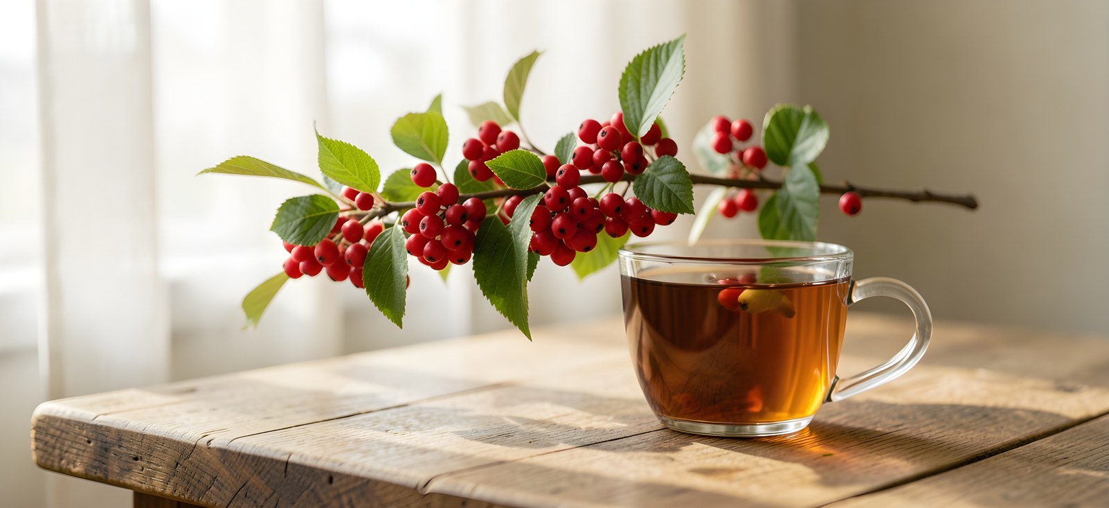 Ebereschenzweig mit roten Beeren und Tasse mit Aufguss auf Holztisch ohne Menschen