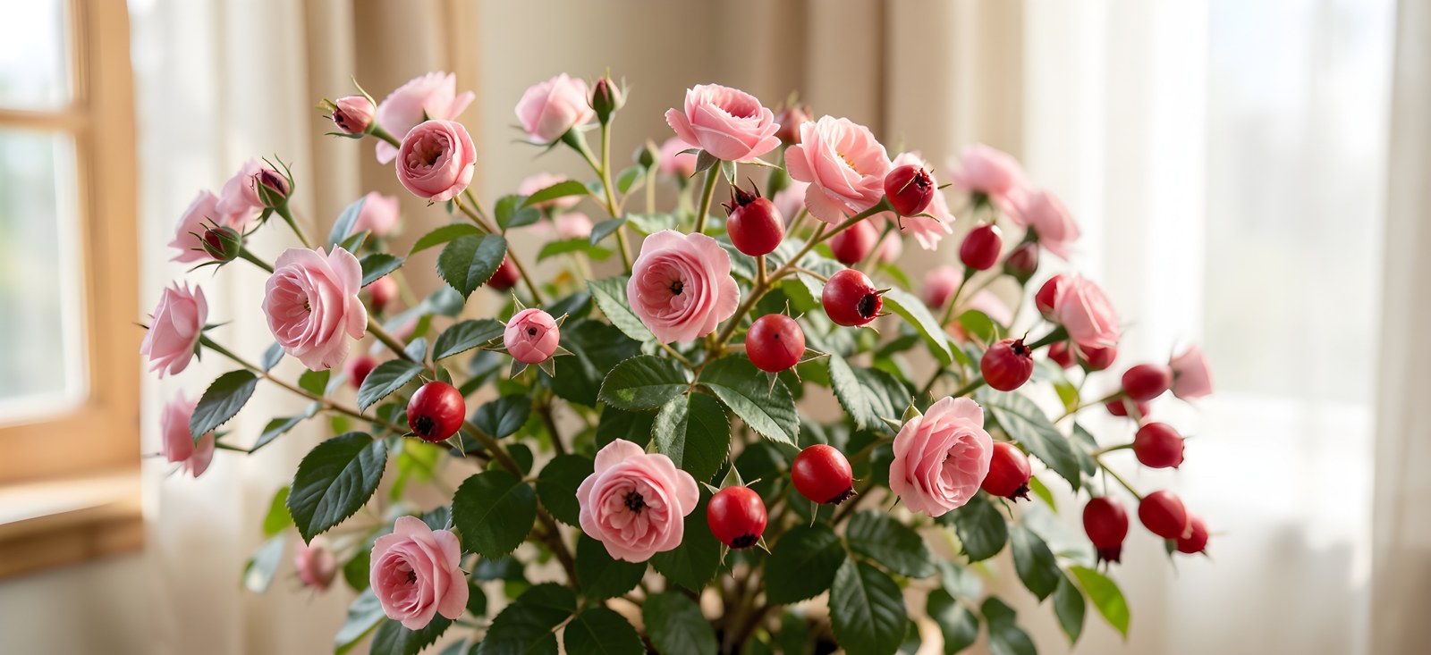 Buisson d’églantier de mai avec des fleurs roses et des fruits mûrissants rouge vif dans la nature