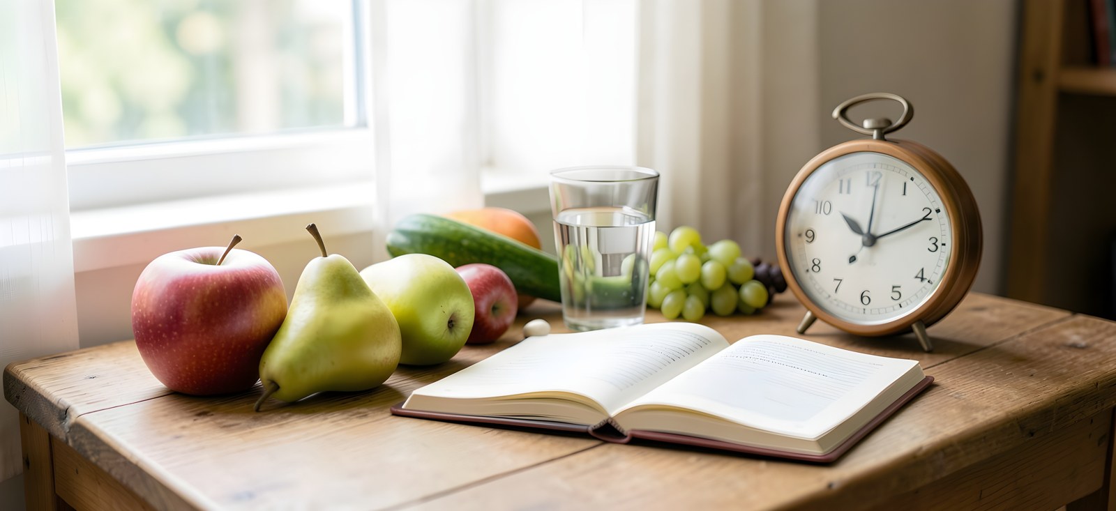 Äpfel, Birnen, Gemüse, ein Glas Wasser, ein aufgeschlagenes Notizbuch und eine Uhr auf einem Holztisch am Fenster