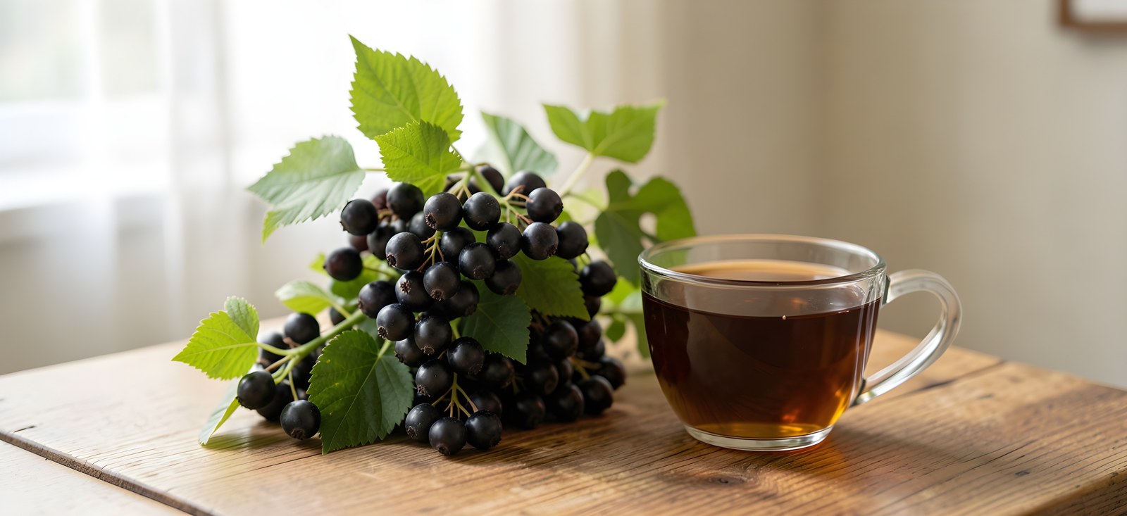 Strauch der schwarzen Johannisbeere mit Beeren und eine Tasse Aufguss auf einem Holztisch