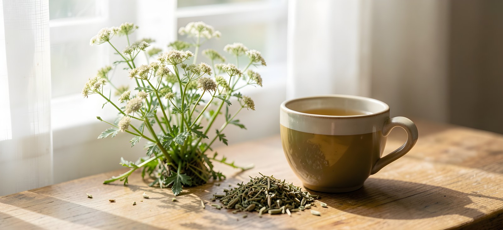 Renouée des oiseaux dans la nature avec une tasse d’infusion et de l’herbe sèche sur une table en bois