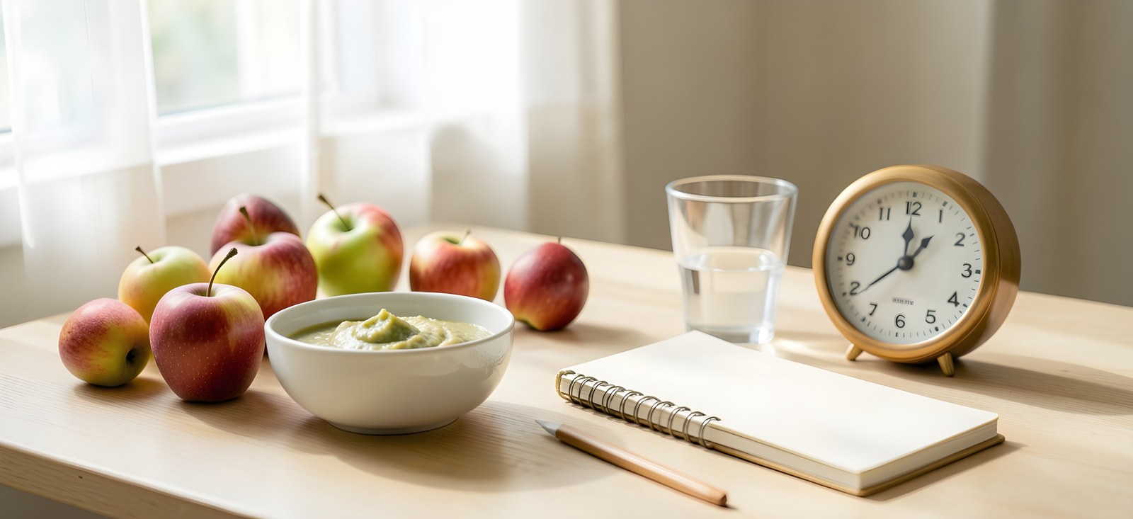 Soft fruits, vegetable puree, a glass of water, a clean notebook, and a clock on a light table by the window
