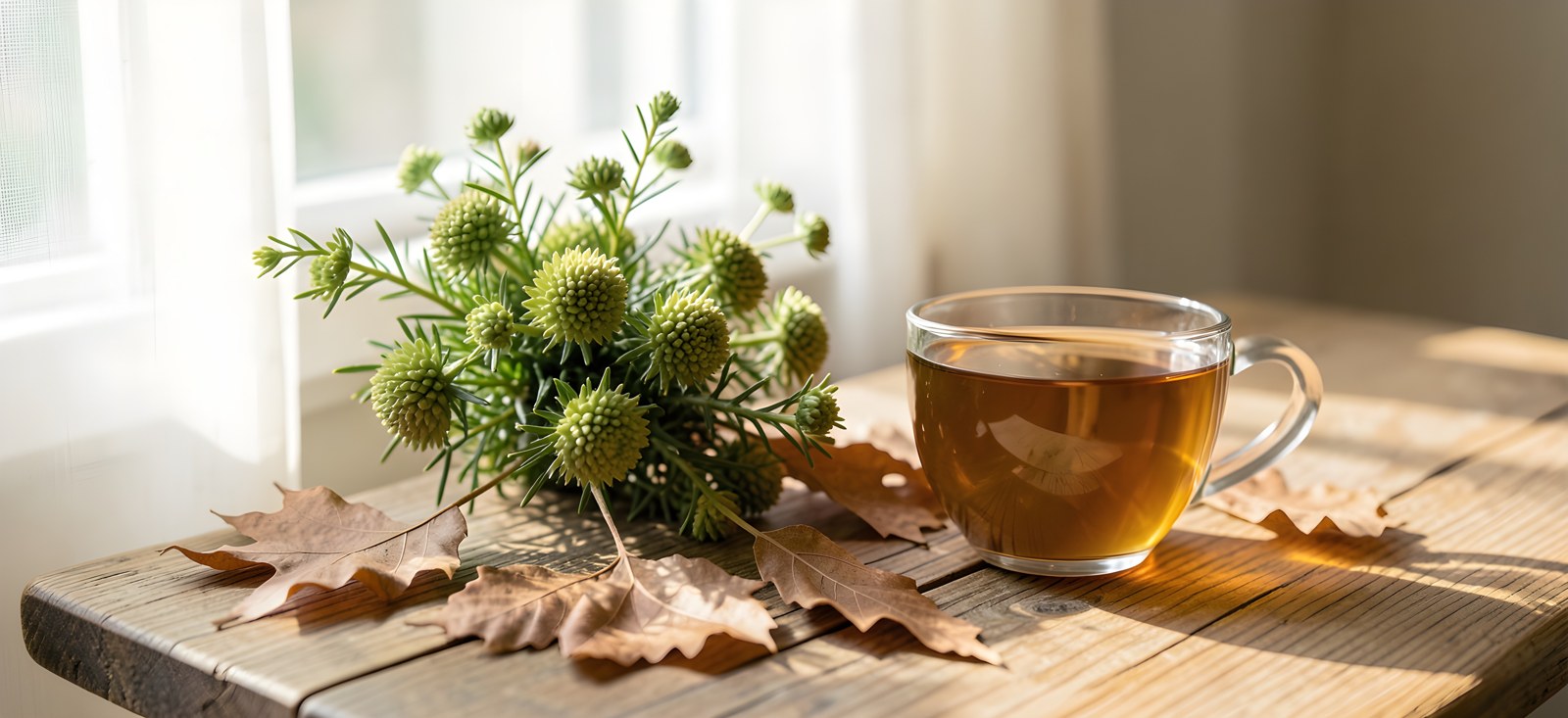 Bearberry in a pine forest, dried leaves and a cup of infusion on a wooden table