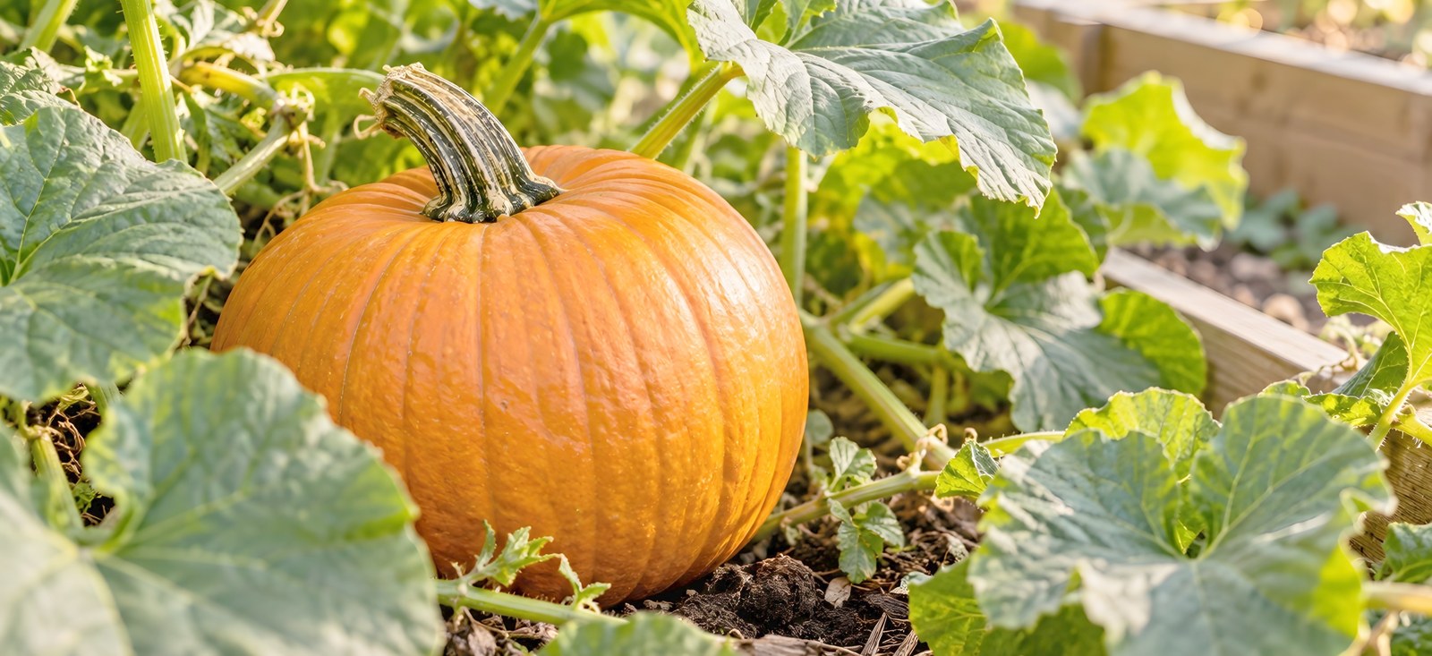 Reifer, orangefarbener Kürbis auf dem Beet zwischen großen grünen Blättern der Kürbispflanze