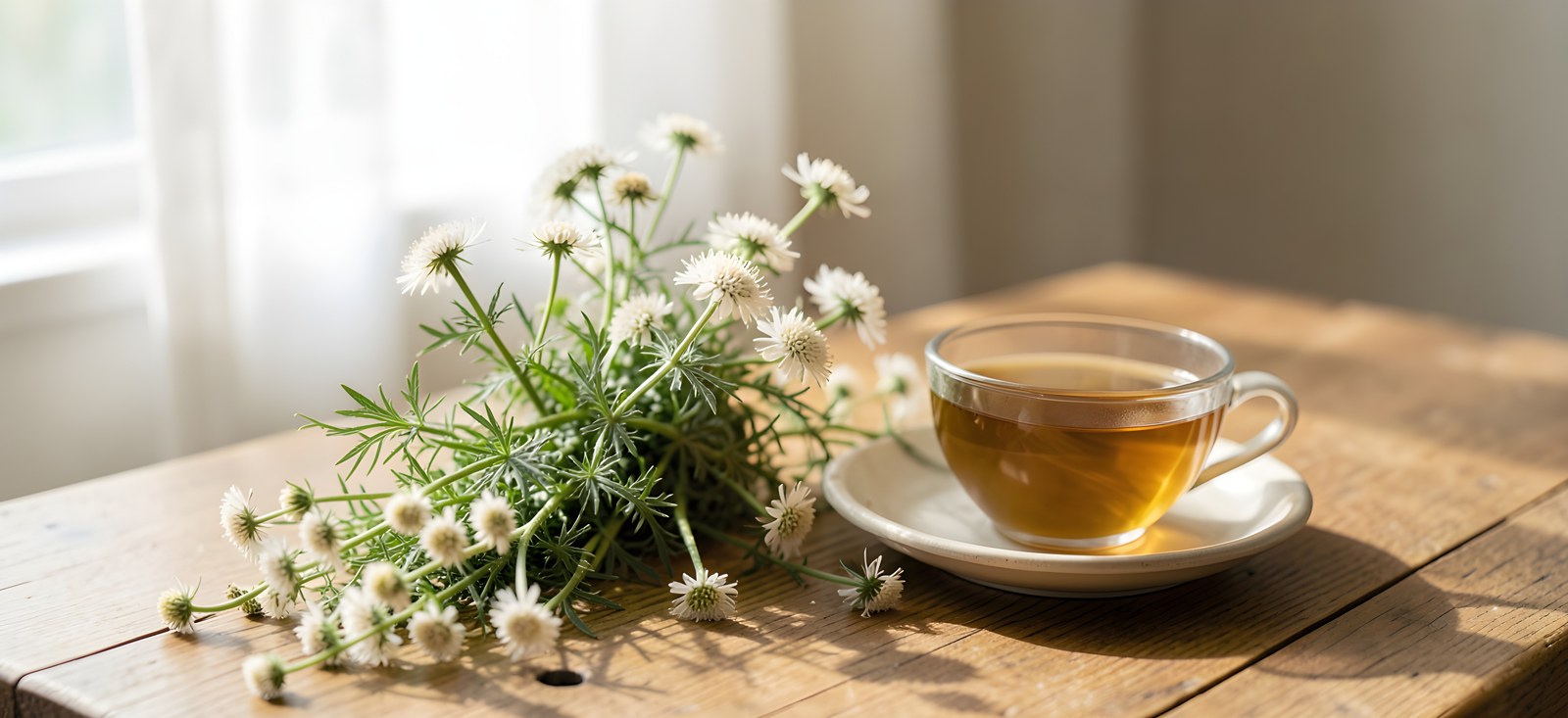 Herbe sèche de millepertuis avec des fleurs blanches et une tasse d'infusion sur une table en bois