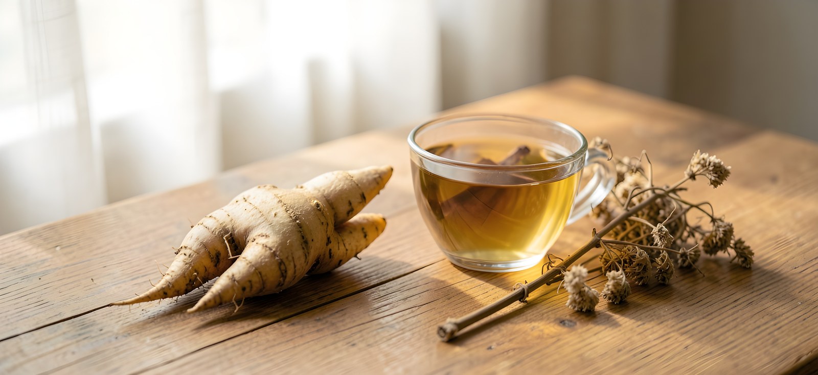 Ginsengwurzel und eine Tasse Aufguss auf einem Holztisch neben einer getrockneten Pflanze
