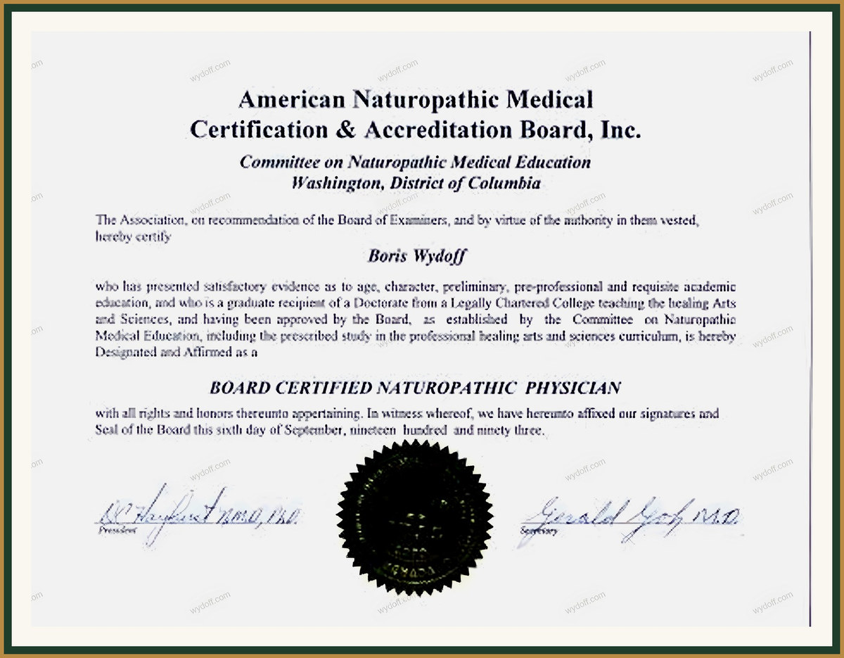 ANMCAB (Вашингтон), 1993 — Board Certified Naturopathic Physician
